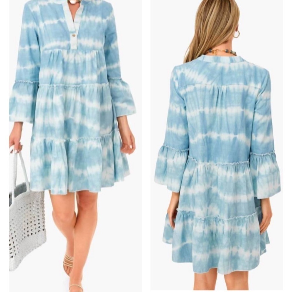 Faherty Vida Organic Cotton Blue Tie Dye Tiered Long Bell Sleeve Small Dress NEW